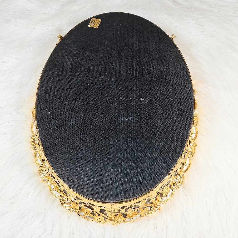 24K Gold Ormolu Filigree Oval Feminique Vanity Tray Mirror Vintage LG 16x10 in